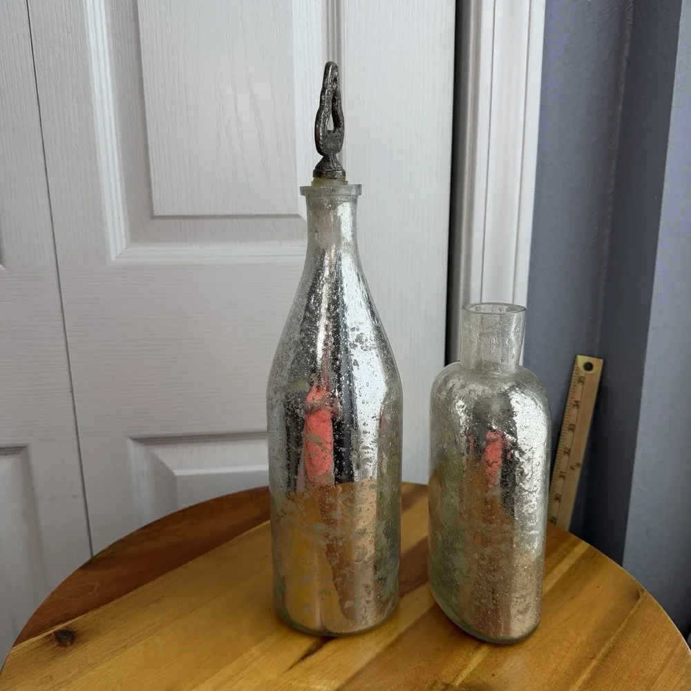Pottery Barn Lot Of 2 Silver Mercury Glass Vase Bottles Decor Boho Office